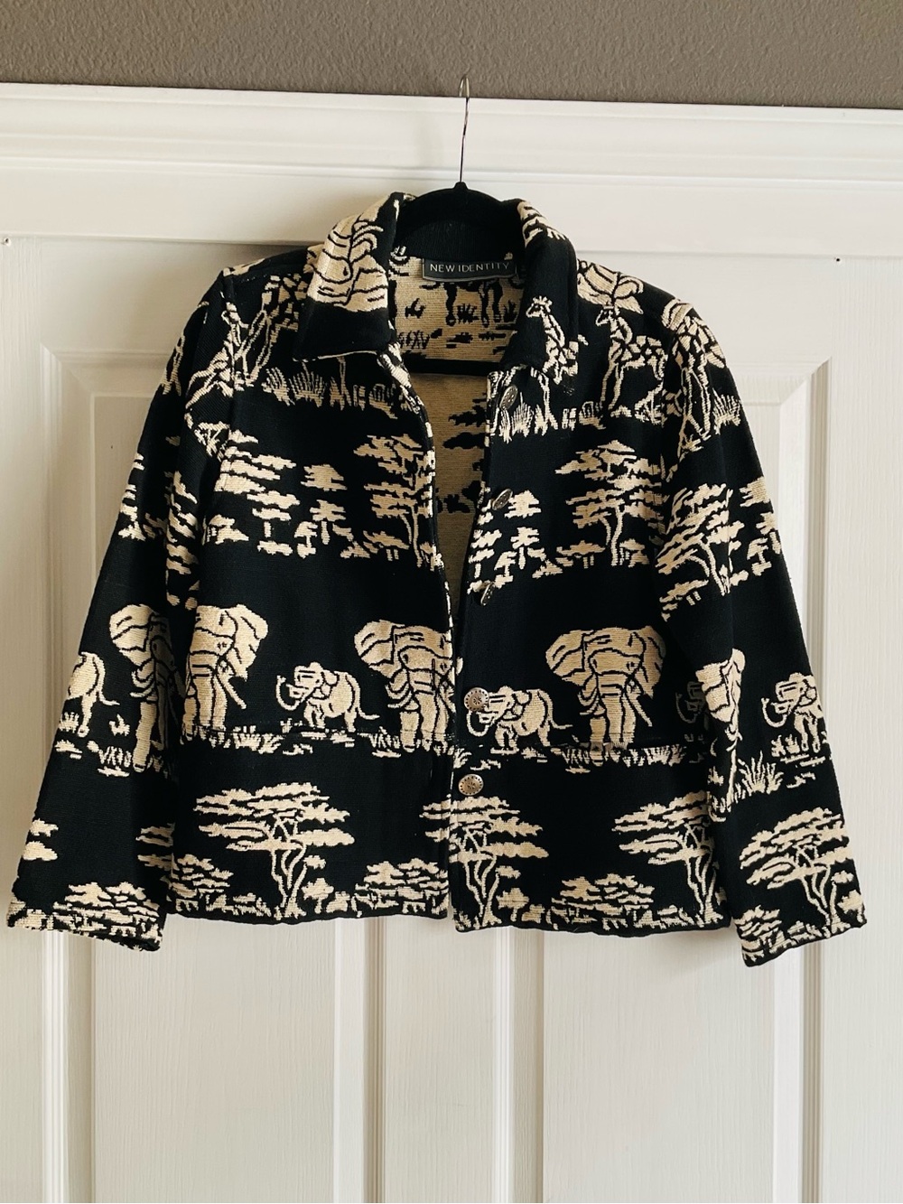 Vtg 90s New Identity Safari Tapestry Jacket Black Cream Elephant Giraffe Artsy S